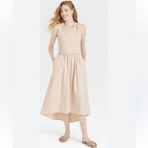 Sleeveless high low Beige Midi Dress, L